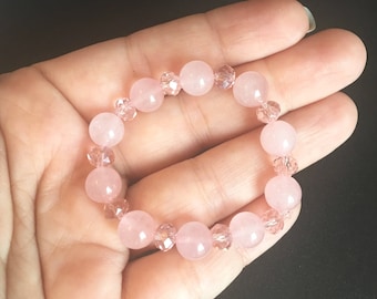 Rose Quartz & Czech Crystal Girls Bracelet: Children's Beaded Pink Gemstone Jewellery