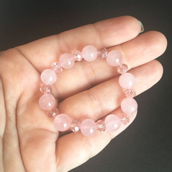 Rose Quartz & Czech Crystal Girls Bracelet: Children's Beaded Pink Gemstone Jewellery