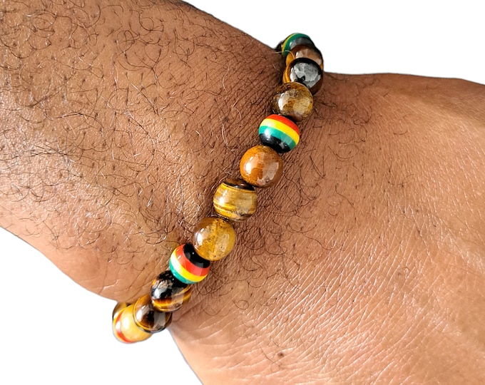 Tiger Eye Beaded Bracelet: Jamaica Ghana Reggae Rastafari Carnival Beads - Mens Womens