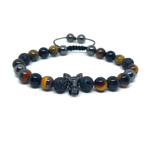 8mm Hematite Lava Stone Tiger Eye and Obsidian Bead Gemstone Elephant Ganesh Energy Healing Protection Mens Ladies Bracelet