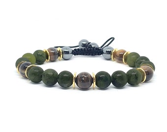 Olive Green 8mm Jade & Tigers Eye Beaded Gemstone Energy Healing Abundance Bracelet for Money Finances Mens Ladies Heart Chakra