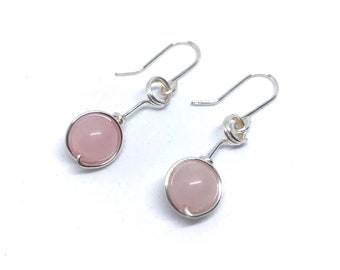 Pretty pink Rose Quartz Gemstone small drop dangly earrings silver plated