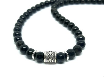 Collar de protección de poder curativo de energía con cuentas de obsidiana negra y plata tibetana para hombres y mujeres