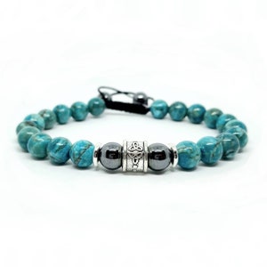 Blue African Turquoise and Hematite Triquetra Trinity 8mm Beaded Energy Support Bracelet - Mens Womens
