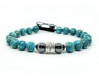 Blue African Turquoise and Hematite Triquetra Trinity 8mm Beaded Energy Support Bracelet Mens Ladies
