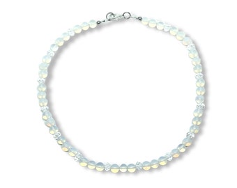 6mm Delicate Opalite and Crystal Beaded Gemstone Choker Necklace