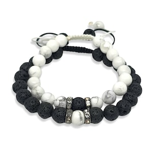 His and Hers White Natural Howlite and Black Diffuser Lava Stone Crystal Beaded Yin & Yang Couple’s Matching Energy Bracelet Set Valentines