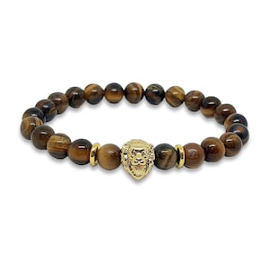 Tiger Eye Beaded Bracelet: Gold Lion, Energy Healing, Courage