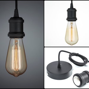 Matt Black Vintage Pendant Cord Light Set, E27 Edison Screw Fitting, Industrial Retro Style Ceiling Rose With Fabric Cable