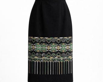 Authentic Black Needlepoint Skirt Intricate Green and Gold Brocade | Bohemian | Cultural Textile Art