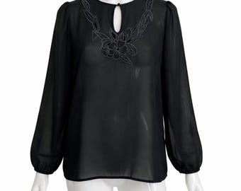 Vintage Campus Casuals Sheer Black Blouse Floral Embroidery Lace Sleeves Size L