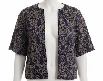 Vintage Cropped Jacket, Navy Blue Jacket with Gold Stitching, 3/4 Sleeve Paisley Design, Embellished Mini Jacket