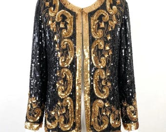 Vintage Pure Silk Black & Gold Sequin Pavilion Jean for Joseph Le Bon Jacket