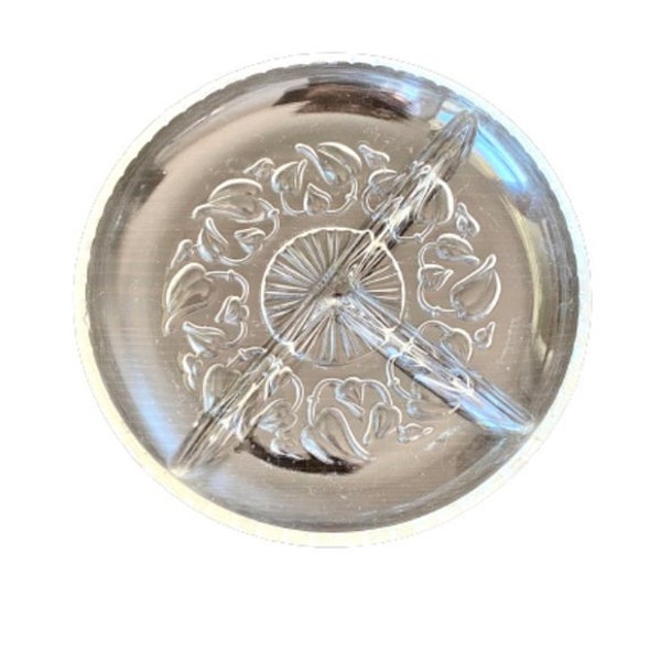 Vintage Classic 6-Inch Clear Glass Divided Relish Dish with Embossed Vine Pattern
