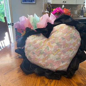 Black satin ruffle care bear heart-shaped throw pillow