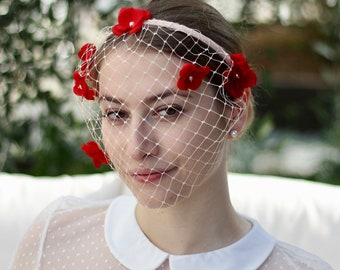 Birdcage Veil, Floral Veil, Veil Headband, Bridal Fascinator, Floral Wedding Headpiece, Blusher Veil, Bridal Hair Accessories, Mini Veil