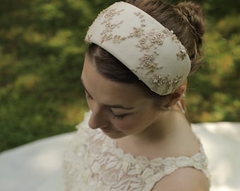 Gold Lace Bridal Headband, Wedding Headpiece, Lace Beaded Headdress, Ivory Bridal Hair Accessory, Beaded Pearl Hair Jewelry, Padded Headband