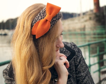 Orange Bow Headband, Animal Print Fascinator, Big Bow Headband, Occasion Headpiece, Felt Fascinator, Fall Headdress, Oversized Headband