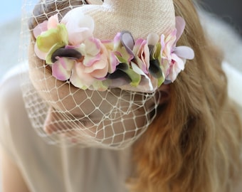 Wedding Heart Fascinator with Veil, Pink Flower Fascinator, Bridal Headpiece, Birdcage Veil, Floral Heart Headpiece, Detachable Mini Veil