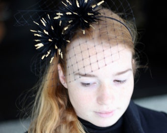 Black Gold Feather Pom Pom Fascinator Headband, Playful Pompom Headpiece, Women’s Fashion Headbands