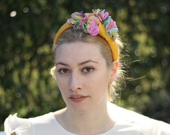 Yellow Turban Headband with flowers, Flower Knotted Head Wrap, Mostard yellow Turban Knot  Headwrap, Turban Hat, Noël Flower headband