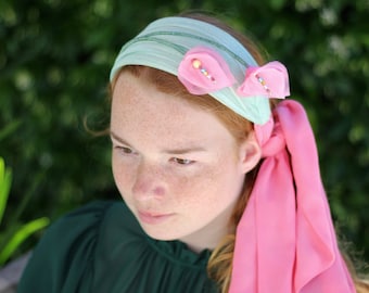 Pink Mint Green Flower Turban Style Headband, Flower Fascinator, Special Occasion Races hat, Turban Headband with flowers, Flower Head Wrap