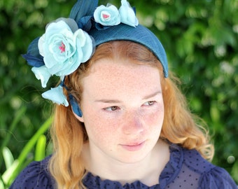 Blue Flower Fascinator Headband, Flower Headpiece, Special Occasion Races hat, Turban Headband with flowers, Flower Head Wrap