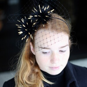 Black Gold Feather Pom Pom Fascinator Headband, Playful Pompom Headpiece, Women’s Fashion Headbands