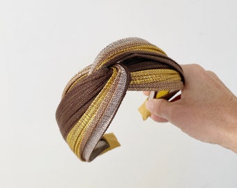 Retro Style Turban Headband, Knotted Head Wrap, Bandeau HairbandTwist Headband, Brown Yellow Turban Knot Headpiece, One Size