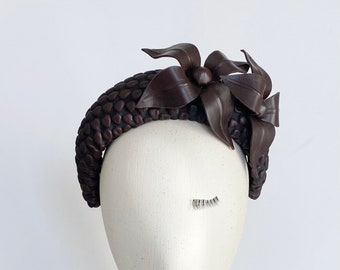 Brown Leather Flower Glamour Headpiece, Brown Leather Cocktail Hat With Flowers, Halo Headband, Brown Leather Fascinator, Wedding Guest