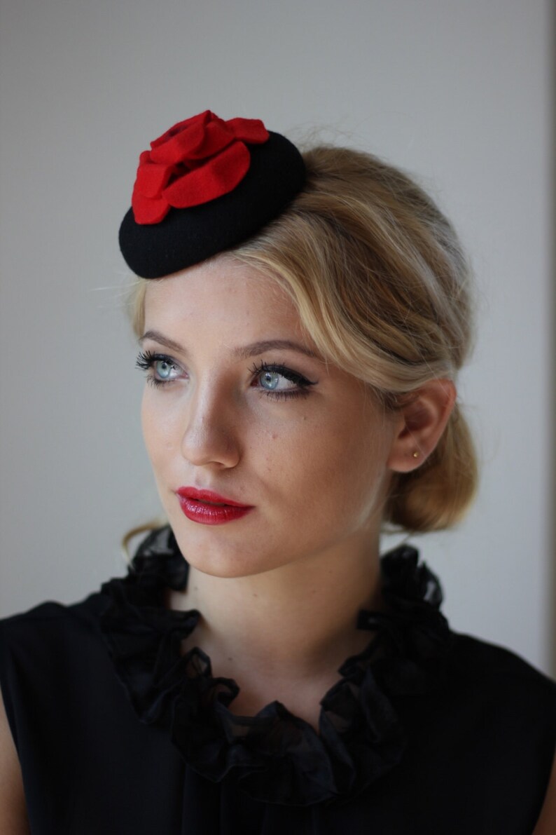 Red Rose Fascinator, Flower Headband for Women, Pillbox Hat, Cocktail