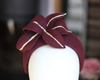 Burgundy Gold Felt Halo Headband, Dark Red Hatinator with Gold Detail for Mother Of The Bride, Special Occasion Headdress, Wedding Guest