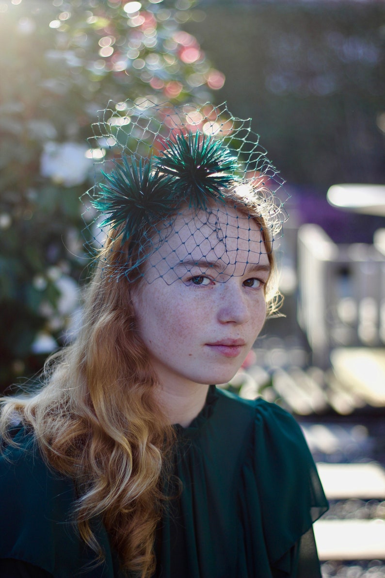 Green Feather Pom Pom Fascinator Headband, Playful Pompom Headpiece, Womens Fashion Headbands image 2