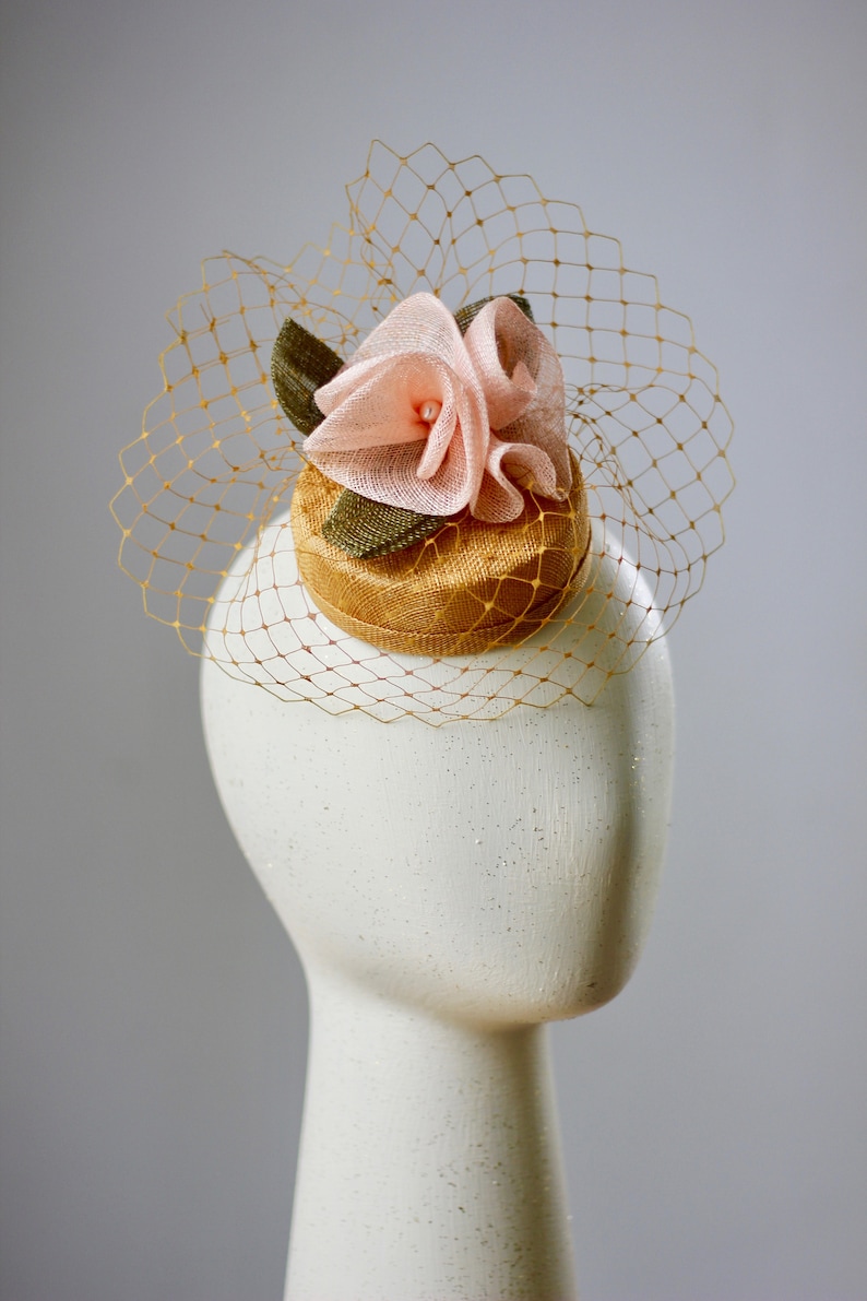 Gold Flower Cocktail Hat, Elegant Flower fascinator, Pastel Pillbox Hat, Straw Cocktail Hat,Wedding Headpiece, Occasion Hat image 7