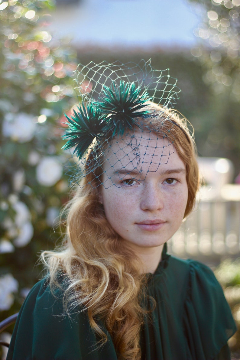 Green Feather Pom Pom Fascinator Headband, Playful Pompom Headpiece, Womens Fashion Headbands image 1