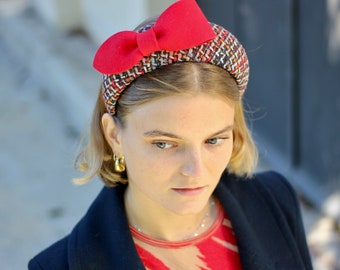 Red Fabric Covered Headband with Bow, Colourful Halo Headband with Bow, Special Occasion Headdress, Wedding Guest, Race Fashion