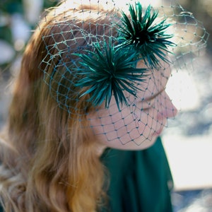 Green Feather Pom Pom Fascinator Headband, Playful Pompom Headpiece, Womens Fashion Headbands image 6
