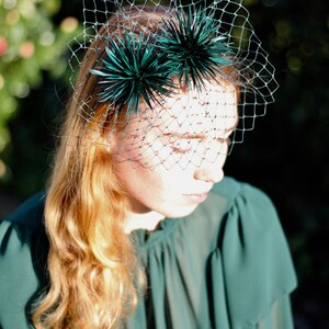 Green Feather Pom Pom Fascinator Headband, Playful Pompom Headpiece, Womens Fashion Headbands image 5