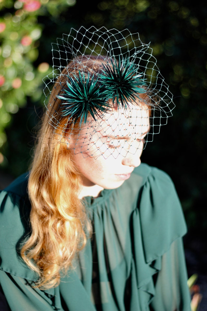 Green Feather Pom Pom Fascinator Headband, Playful Pompom Headpiece, Womens Fashion Headbands image 5