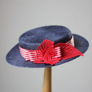 Blue Red Boater Straw Hat, Millinery, Milanese Straw Boater, Straw Summer Hats, Race Fascinator Hats, Vintage Women Hats