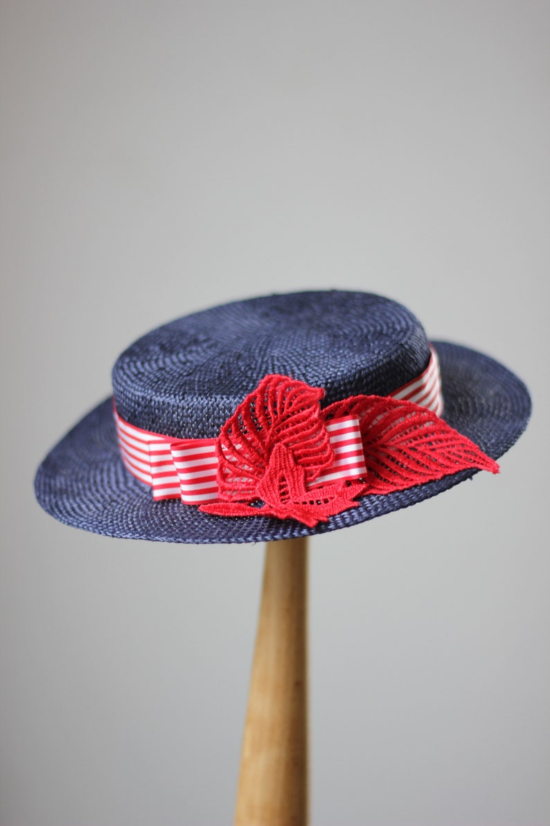 Blue Red Boater Straw Hat, Millinery, Milanese Straw Boater, Straw Summer Hats, Race Fascinator Hats, Vintage Women Hats image 1