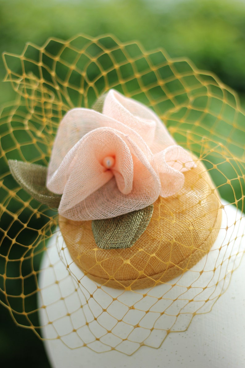 Gold Flower Cocktail Hat, Elegant Flower fascinator, Pastel Pillbox Hat, Straw Cocktail Hat,Wedding Headpiece, Occasion Hat image 5