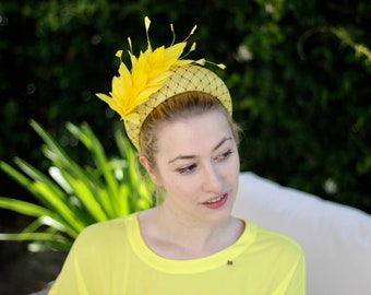 Yellow Feathers Headband, Veil Feathers Fascinator, Halo Crown Fascinator, Wedding Guest Headband, Mother Of The Bride, Women Headdress