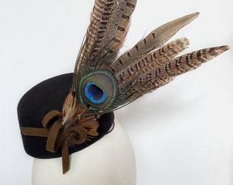 Chocolate Brown Pillbox Hat with Big Feather, Felt Feather Percher Hat, Felt Fascinator Hat, Races Hat