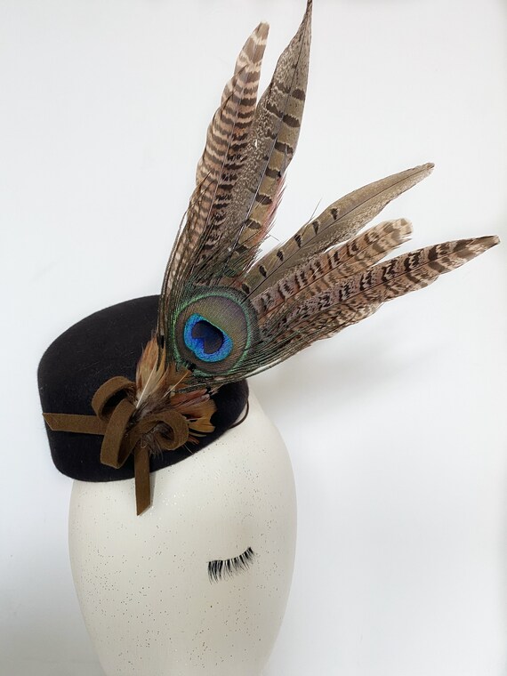 Chocolate Brown Pillbox Hat With Big Feather, Felt Feather  display picture 3