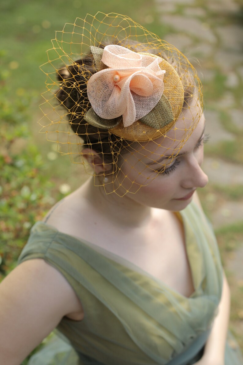 Gold Flower Cocktail Hat, Elegant Flower fascinator, Pastel Pillbox Hat, Straw Cocktail Hat,Wedding Headpiece, Occasion Hat image 1