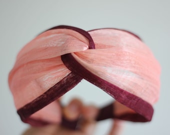 Pink Silk Turban Headband, Peach Pink Knotted Head Wrap, Head Scarf, Pink Abaca Silk Turban Knot  Headwrap, Silk Headpiece, Knot Headband