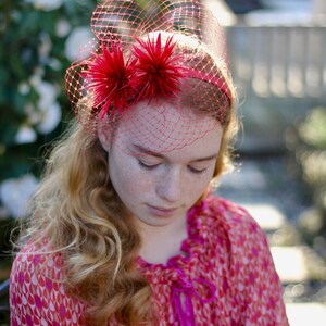 Red Feather Pom Pom Fascinator Headband, Red Pompom Headpiece with Veil, Women’s Fashion Headbands