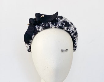 Black White Tweed Headband, Classic Black and White Halo Headpiece, Special Occasion Headdress, Wedding Guest, Race Fashion