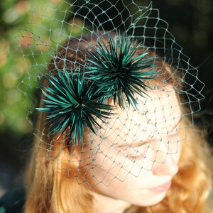 Green Feather Pom Pom Fascinator Headband, Playful Pompom Headpiece, Womens Fashion Headbands image 4